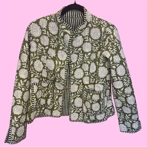 Quilted Handmade Reversible Striped Green and White/ Floral Button-Up Jacket